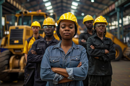 group portrait of construction workers with background of excavation machinery aigx04の素材