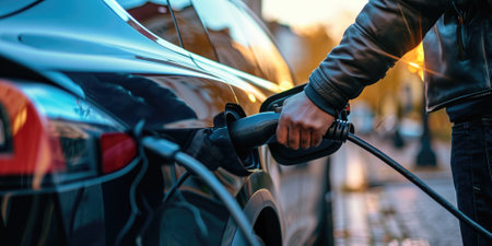 A picture about the electric vehicle that has been charging at the charging station and has been connected with the charger that has been connecting to the electric vehicle to become new tech. AIGX01.の素材