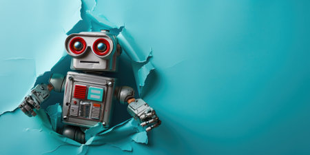 Close up view picture of the hollow blue hole on the the wall that show the robot stay inside the wall that has been made from some material yet still can be break to look through other side. AIGX03.の素材