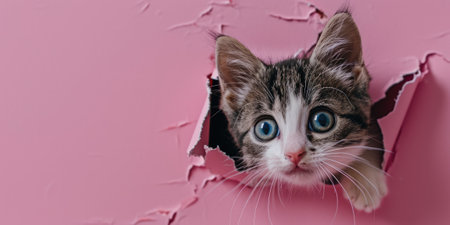 Close up view picture of the hollow pink hole on the the wall that show the cat stay inside the wall that has been made from some material yet still can break to look through the other side. AIGX03.の素材