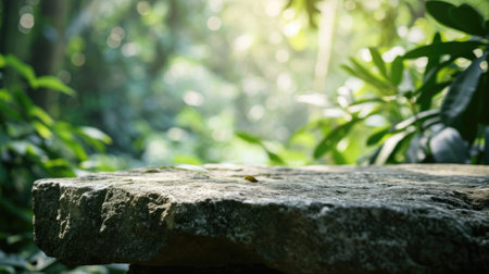The focused picture of the stone object that surrounded by an uncountable amount of tree in the middle of the forest under the bright light from the bright sun in the daytime of the summer. AIGX03.の素材