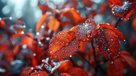 The picture of nature that focused to the red leaf from tree in the forrest that stay on ground and got illuminated with the bright light of sunlight in the summer or spring time of the year. AIGX03.の素材
