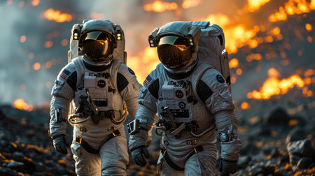 The side view of the couple astronaut human that has traveling to the various place on the land but yet it looks like human still trying to find something to be next target of the exploration. AIGX03.の素材