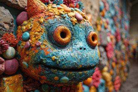 The side view of the colourful creature or monster that stay near to the colourful wall background in some sort of a bright light room that show a detail of the colourful creature or monster. AIGX03.の素材