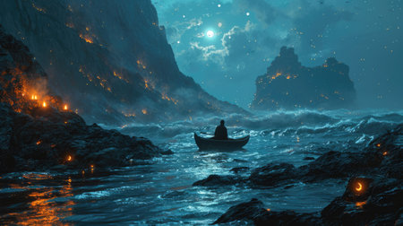 The picture of young or adult male or female that sailing the boat in the middle of the water that surrounded with nature in the nighttime of the day yet look bright and clear with the light. AIGX03.の素材