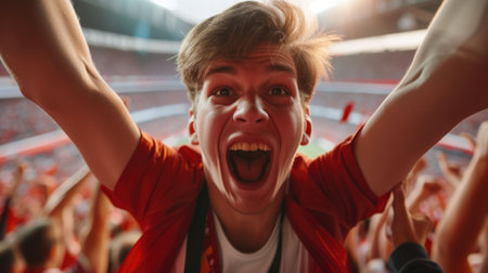 A fan is enthusiastically gesturing with her arms in the air, cheering in an electric blue hat at the entertaining competition event. AIG41の素材