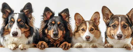 The picture of front view and close up of the multiple group of the various cat and dog in front of the bright white background that look back to the camera with the curious and interest face. AIGX03.の素材