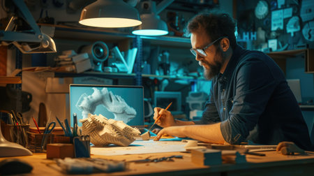 An industrial designer meticulously works on a prototype design in a workshop surrounded by various drafting tools and sketches. AIG41の素材