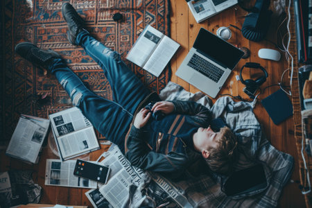 The top view of picture that about young scandinavian human that laying down and listening to the music and focused in the full of the thought and music with room that surrounded with devices. AIGX03.の素材