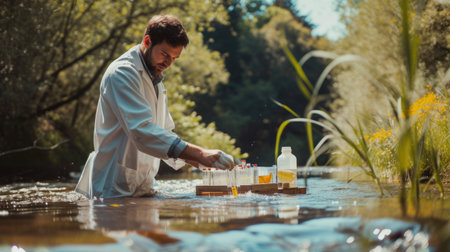 A man, wearing a lab coat, collects water from a river, amidst a beautiful natural landscape with happy people, trees, grass, and a serene lake. AIG41の素材