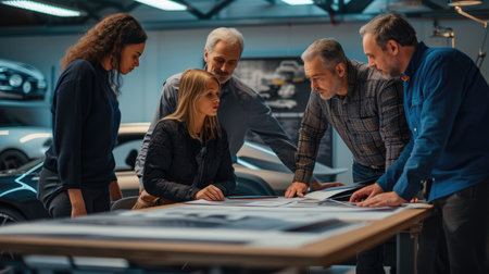 A group of people sharing a fun leisure event, sitting around a table, looking at a model car. AIG41の素材