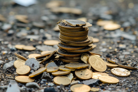 Economic downturn, debt crisis and market crash concept shown by shattering coins AIG41の素材
