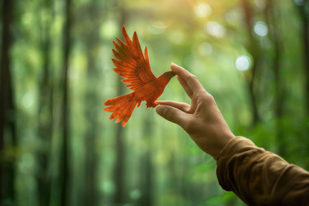 nature art of leaf carved into animal shape showing concept of sustainability and environmental conservation. aigx04の素材