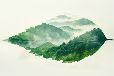 leaf double exposure with beautiful nature background showing concept of sustainability and environmental conservation. aigx04の素材