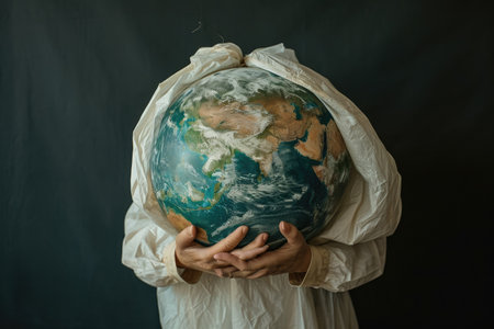 The picture of the person that has been holding the earth globe that come with the plastic bag that can stand for multiple meaning like protect the earth or keep the earth from plastic bag. AIGX01.の素材