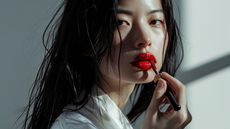 The picture of the red lips young beautiful asian woman looking at the camera while holding the red lipstick near the mouth while wearing white shirt with white background for advertisement. AIGX01.の素材