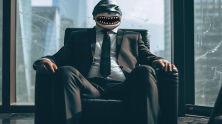 The picture of the shark head businessman that sitting on the chair that make him looks like he has the great power to has the full control of everything in the business inside the building. AIGX03.の素材
