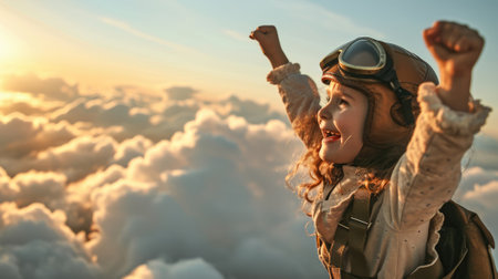 The side view of the picture that has the child flying into the bright sky with the aviator costume and the pair of goggles under the bright light of the bright sun with the happy smile face. AIGX03.の素材