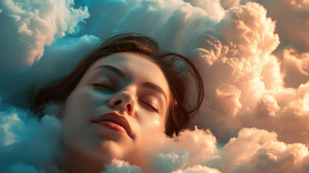 The close up picture of the caucasian female human that laying down for sleeping on the sea of the cloudscape that act like pillow that look fluffy and soft at the bright sky of the daytime. AIGX03.の素材