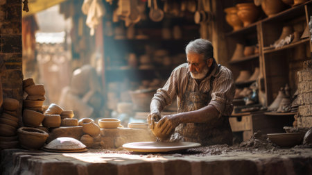 An experienced potter meticulously shapes wet clay on a spinning wheel in a rustic pottery workshop surrounded by his creations. Resplendent.の素材