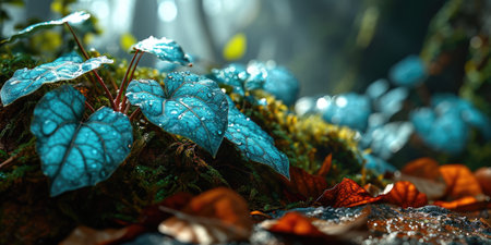 The picture of nature that focused to the green leaf from tree in the forrest that stay on ground and got illuminated with bright light of a sunlight in the summer or spring time of the year. AIGX03.の素材