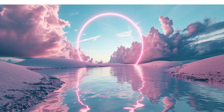 A pink round portal in the middle of the river that connected to the ocean and surrounded with the a huge pile of sand and sandstone mountain under the cloudy sky in the bright morning day. AIGX03.の素材