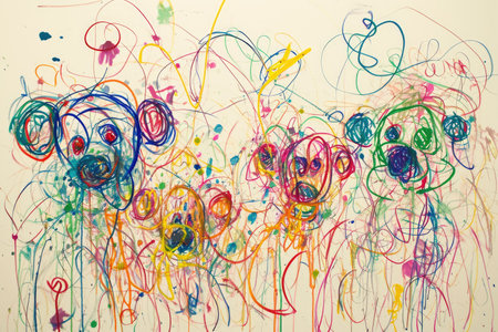 The hand drawing colourful picture of the group of the various type of the dog that has been drawn by the colored pencil or crayon on the white background that seem to be drawn by the child. AIGX01.の素材