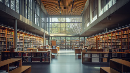 Modern library interior with rows of books, large windows, and tranquil study atmosphere. Resplendent.の素材