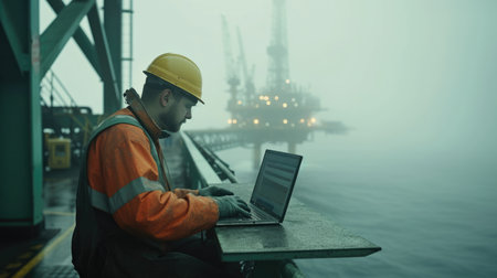 A man is using a laptop computer on a boat, surrounded by the vast expanse of water and sky in the ocean. AIG41の素材