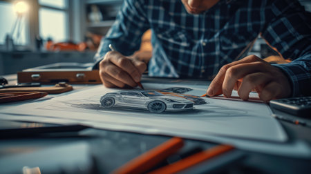 A man, using his hand and fingers, is making a gesture while drawing a car on a piece of paper, showcasing his artistic and engineering skills. AIG41の素材