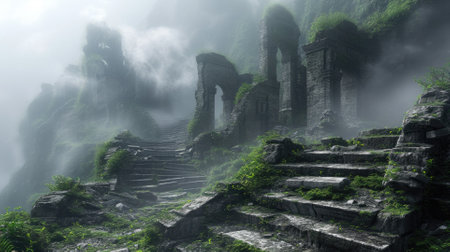 An ancient ruin on a misty mountain, with forgotten temples and overgrown paths. A mysterious fog envelops the scene, creating a sense of mystery and age. Resplendent.の素材