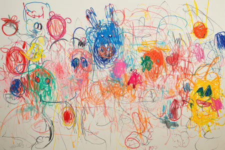 The hand drawing colourful picture of the group of the various type of the animal that has been drawn by the colored pencil or chalk on the white background that seem to be drawn by the child. AIGX01.の素材