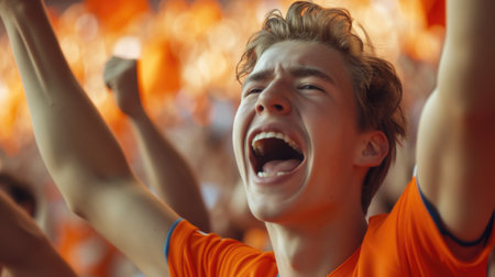 A joyful fan at a soccer event, happily shouting and gesturing with his arms in the air, showcasing his love for the game. AIG41の素材