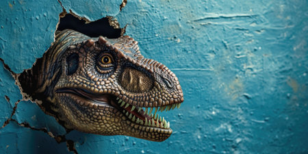 Close up view picture of the hollow blue hole on the the wall that show the t.rex stay inside the wall that has been made from some material yet still can break to look through the other side. AIGX03.の素材