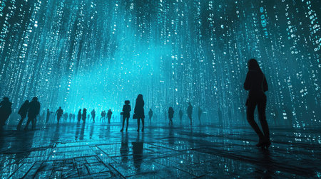 The picture of the group people that has been walking into the endless walkway that has been raining with the digital matrix green binary rain of code that seem like people search something. AIGX01.の素材