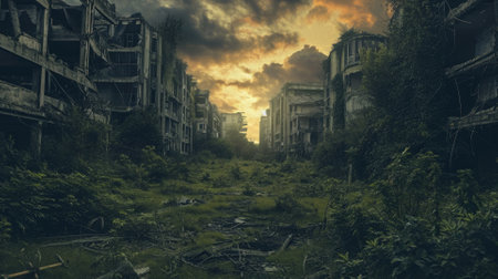 A fiery sunset looms over the ruins of an abandoned industrial factory, where nature slowly encroaches upon man-made structures. Resplendent.の素材