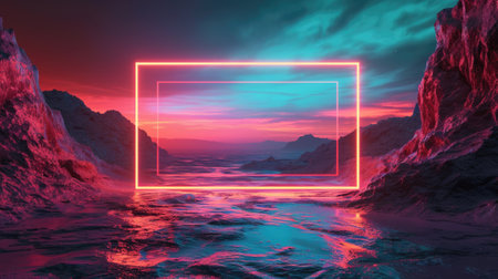 The great orange floating rectangle beyond the land that surrounded with a amount of the tall mountains at the dawn or dusk time of the day that shine light to the every part of the picture. AIGX03.の素材