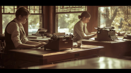 Two women seated at a table with a typewriter, sharing a conversation in a building with a window overlooking the street. AIG41の素材
