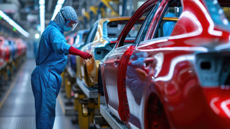 A man is working on a car in a factory, focusing on tires, wheels, automotive lighting, and design. AIG41の素材