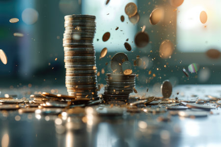 Economic downturn, debt crisis and market crash concept shown by shattering coins AIG41の素材