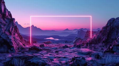 The great pink floating rectangle beyond the land that surrounded with a lot amount of the tall mountains at the dawn or dusk time of the day that shine light to the every part of the picture. AIGX03.の素材