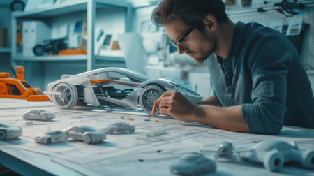 A man is leisurely sitting at a table, sharing a blueprint with engineering plans, while enjoying the art of architecture. AIG41の素材