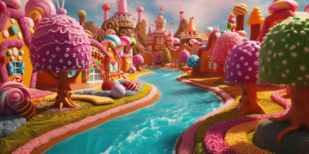 A whimsical and colorful candy village with houses made of confectionery delights and a river flowing with liquid sweetness. Resplendent.の素材