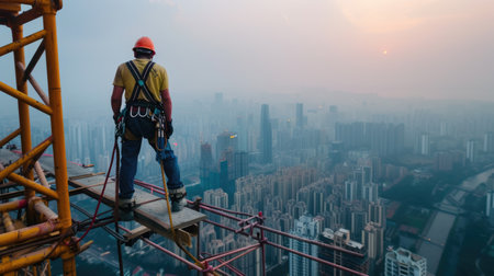 A construction worker stands atop a skyscraper, surrounded by the mesmerizing city landscape, under a cloudy sky with water glittering in the distance. AIG41の素材