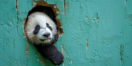 Close up view picture of the hollow green hole on the the wall that show the panda stay inside the wall that has been made from some material yet still can be break to look through other side. AIGX03.の素材