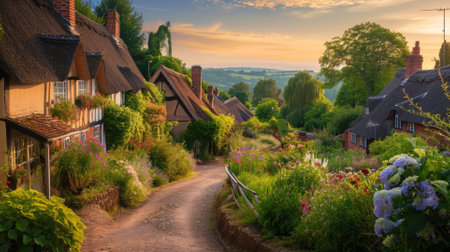 A picturesque lane meanders through an idyllic English village, lined with charming thatched cottages and vibrant, blooming gardens at sunset. Resplendent.の素材