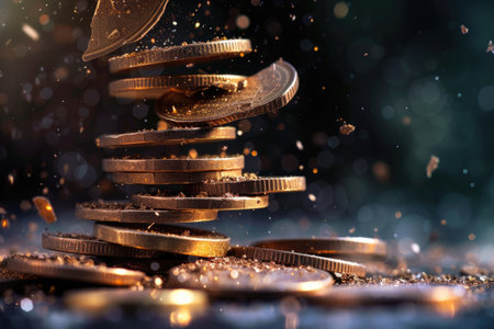 Economic downturn, debt crisis and market crash concept shown by shattering coins AIG41の素材