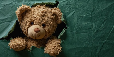 Close up view picture of the hollow green hole on the the wall that show the teddy stay inside the wall that has been made from some material yet still can be break to look through other side. AIGX03.の素材