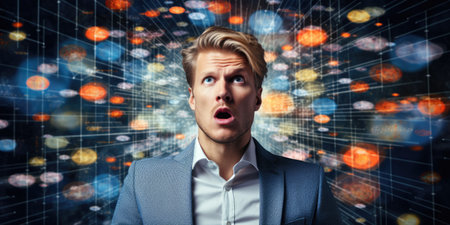 Business person overloaded by stress from business data and information that come from work, technology, social media and marketing business strategy received by a corporate employeeの素材