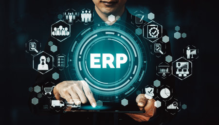 Enterprise Resource Management ERP software system for business resources plan presented in modern graphic interface showing future technology to manage company enterprise resource. udsの写真素材